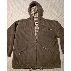 ML Sport Work Corduroy Jacket Mens 14/16 Brown Plaid Lined Hooded Full Zip